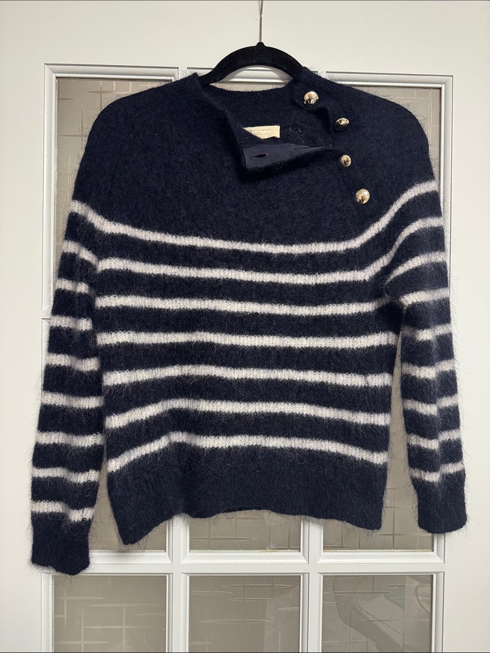 Sezane Navy & White Striped Button-Shoulder Turtleneck